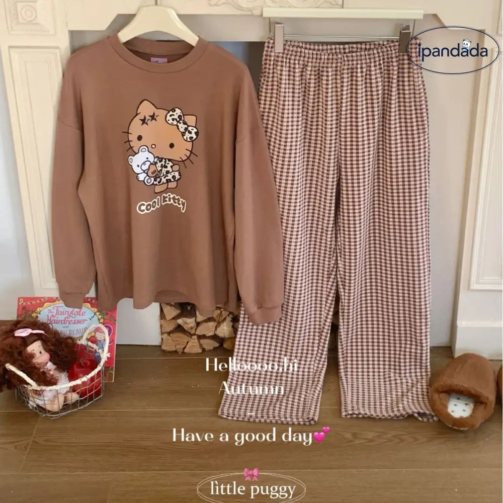 コットン ヒョウ柄 長袖 トップス ロングパンツ セット 長袖 部屋着 可愛い カートゥーン デルロン パジャマ ID3654 レディース＞セットアップ