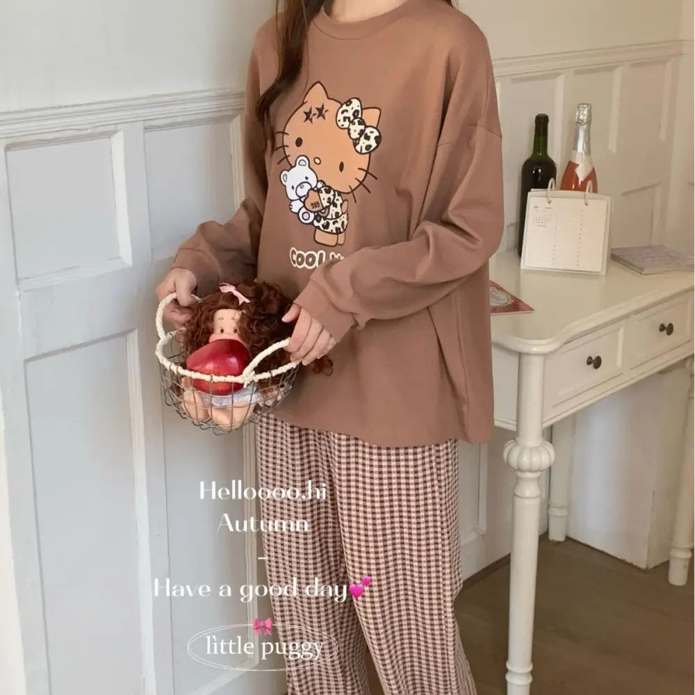 コットン ヒョウ柄 長袖 トップス ロングパンツ セット 長袖 部屋着 可愛い カートゥーン デルロン パジャマ ID3654 タイプ① セット / フリー レディース＞セットアップ