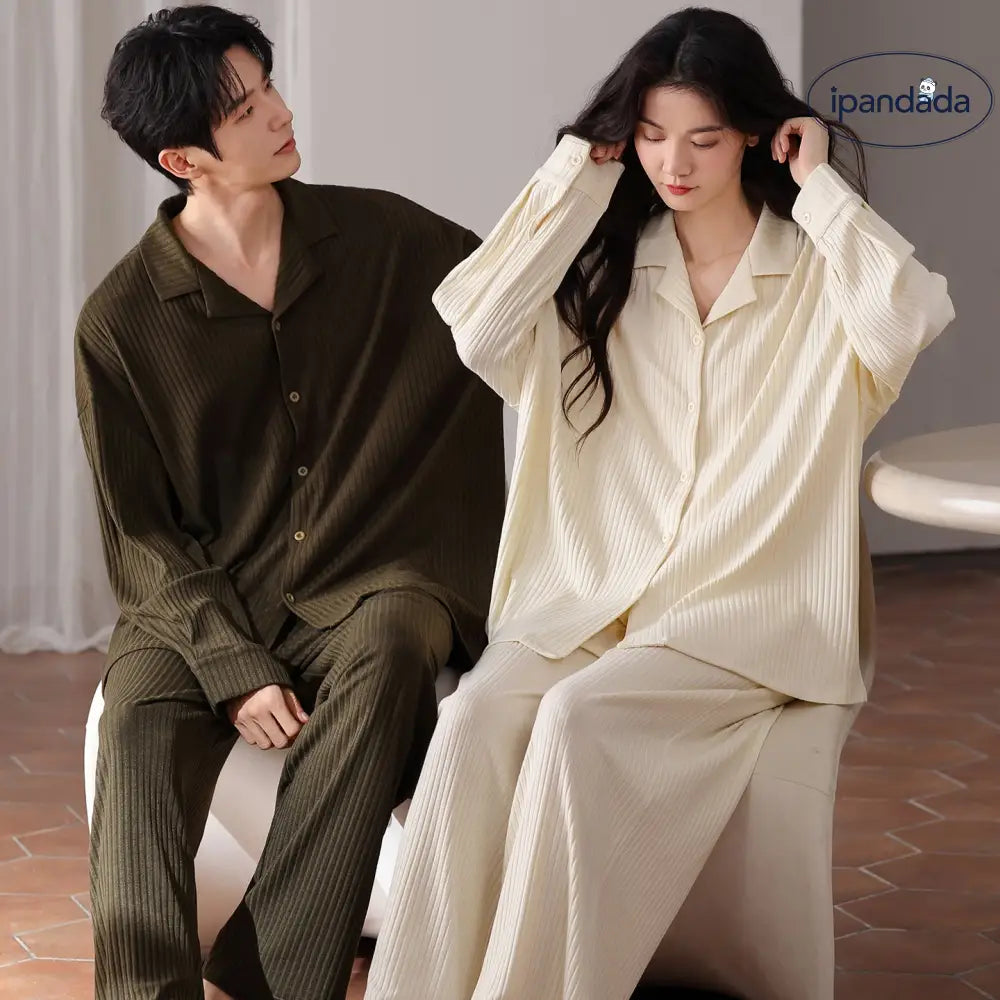 コットン 襟付き ロング パジャマ 男女兼用 カップル セット ID3792