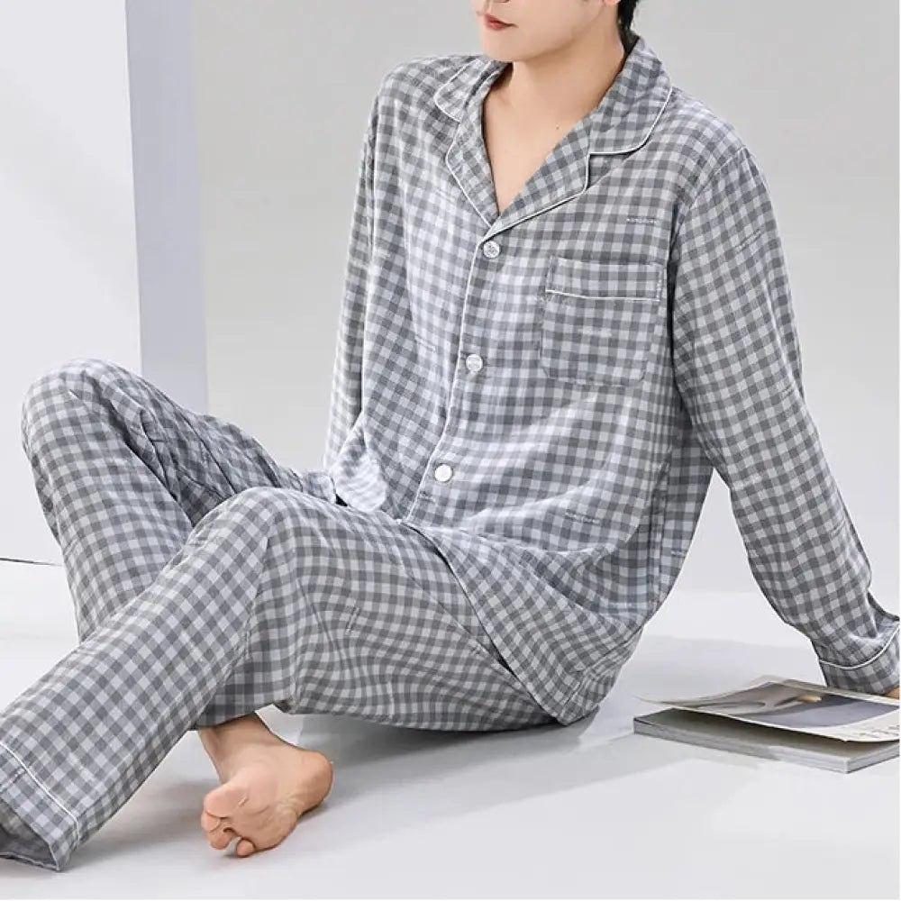 コットン メンズ パジャマ セットアップ 2点セット ゆったり 柔らかく 軽い 薄手 春夏 新作 長袖 長ズボン セット ルームウェア ギフト ID4426 メンズ＞セットアップ