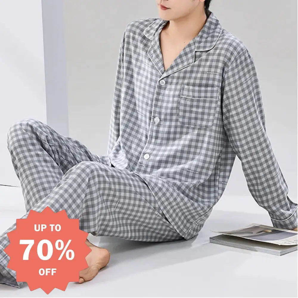 コットン メンズ パジャマ セットアップ 2点セット ゆったり 柔らかく 軽い 薄手 春夏 新作 長袖 長ズボン セット ルームウェア ギフト ID4426 メンズ＞セットアップ