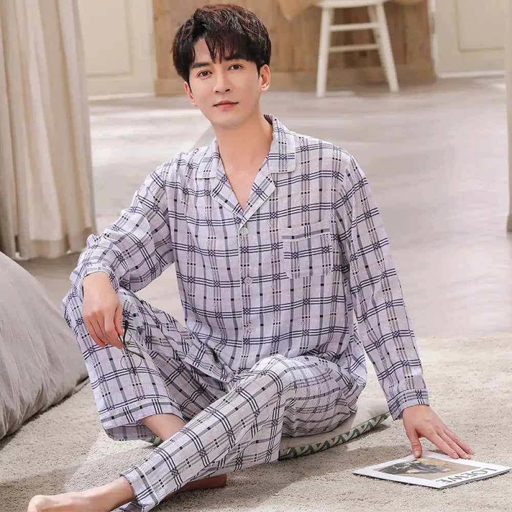 コットン メンズ パジャマ セットアップ 2点セット ゆったり 柔らかく 軽い 薄手 春夏 新作 長袖 長ズボン セット ルームウェア ギフト ID4426 タイプ⑤ / XL メンズ＞セットアップ