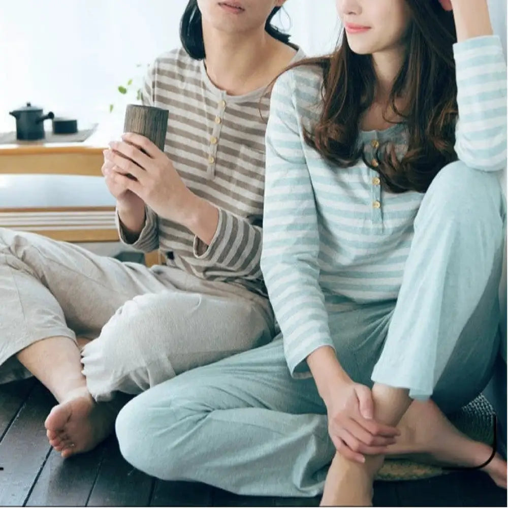 コットン ニット ストライプ パジャマ ホームウェア 長袖 長パンツ セット カップル用 ID4082