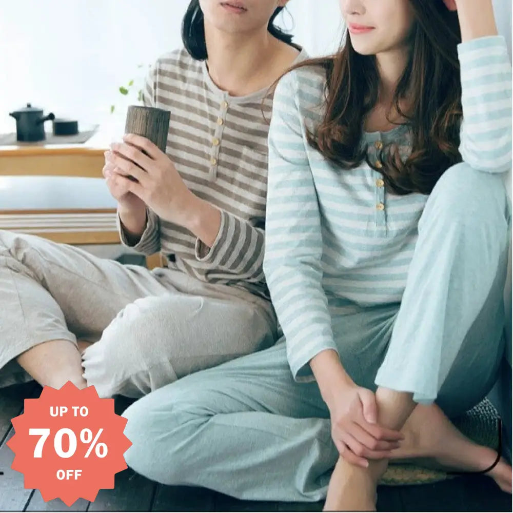 コットン ニット ストライプ パジャマ ホームウェア 長袖 長パンツ セット カップル用 ID4082