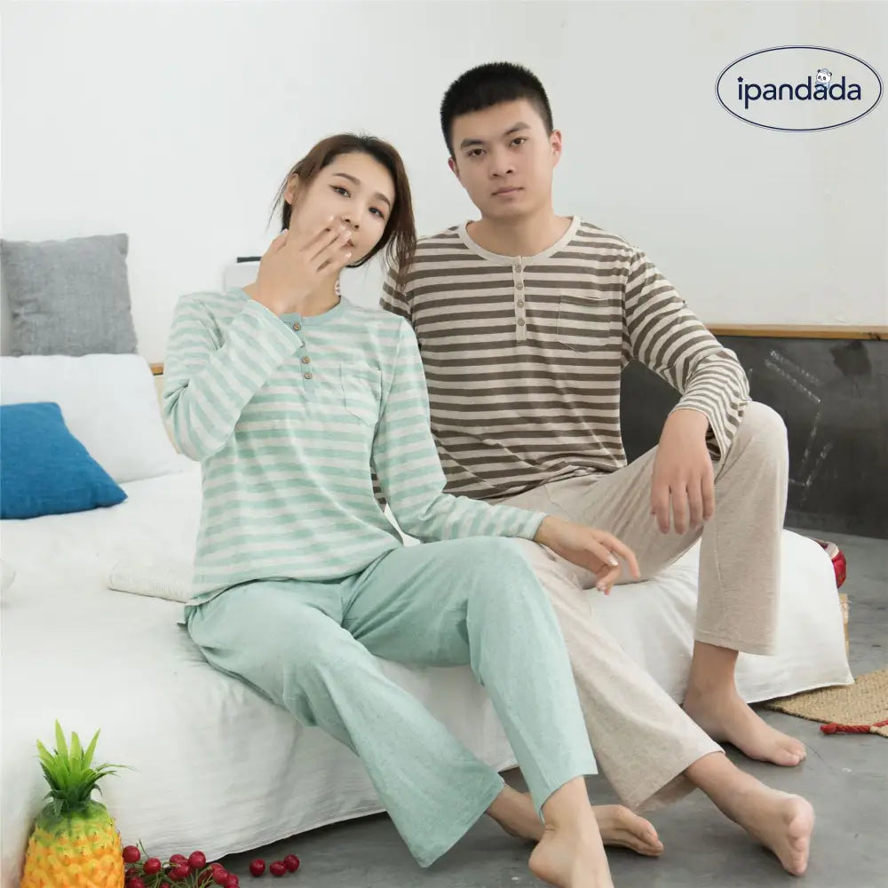 コットン ニット ストライプ パジャマ ホームウェア 長袖 長パンツ セット カップル用 ID4082