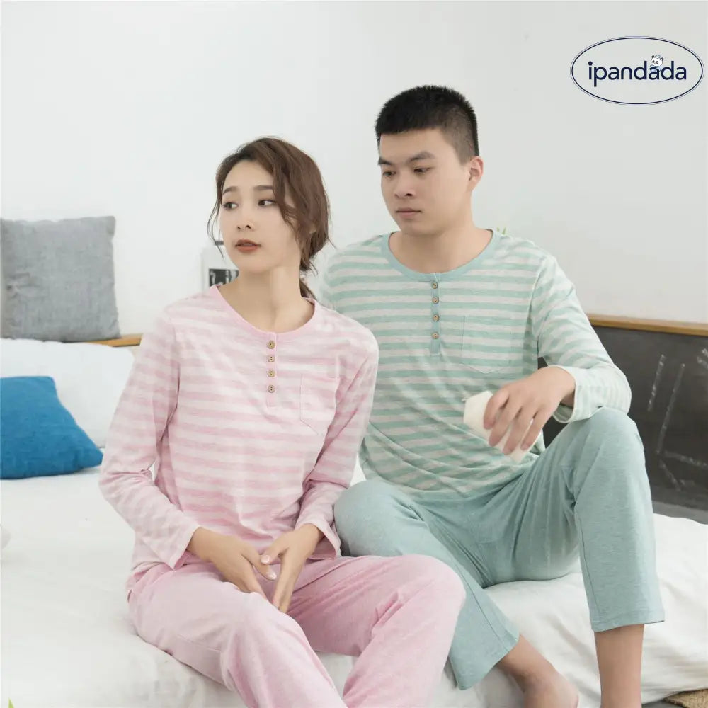コットン ニット ストライプ パジャマ ホームウェア 長袖 長パンツ セット カップル用 ID4082