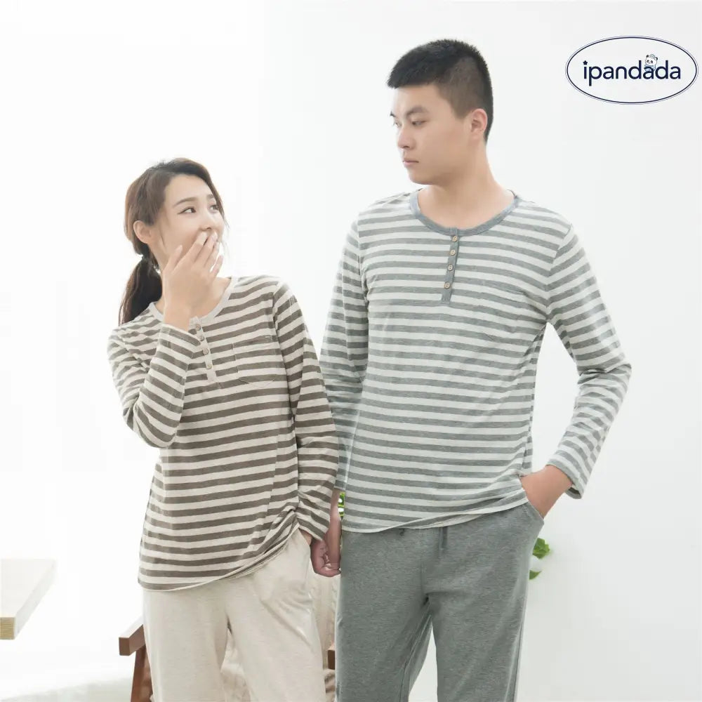 コットン ニット ストライプ パジャマ ホームウェア 長袖 長パンツ セット カップル用 ID4082