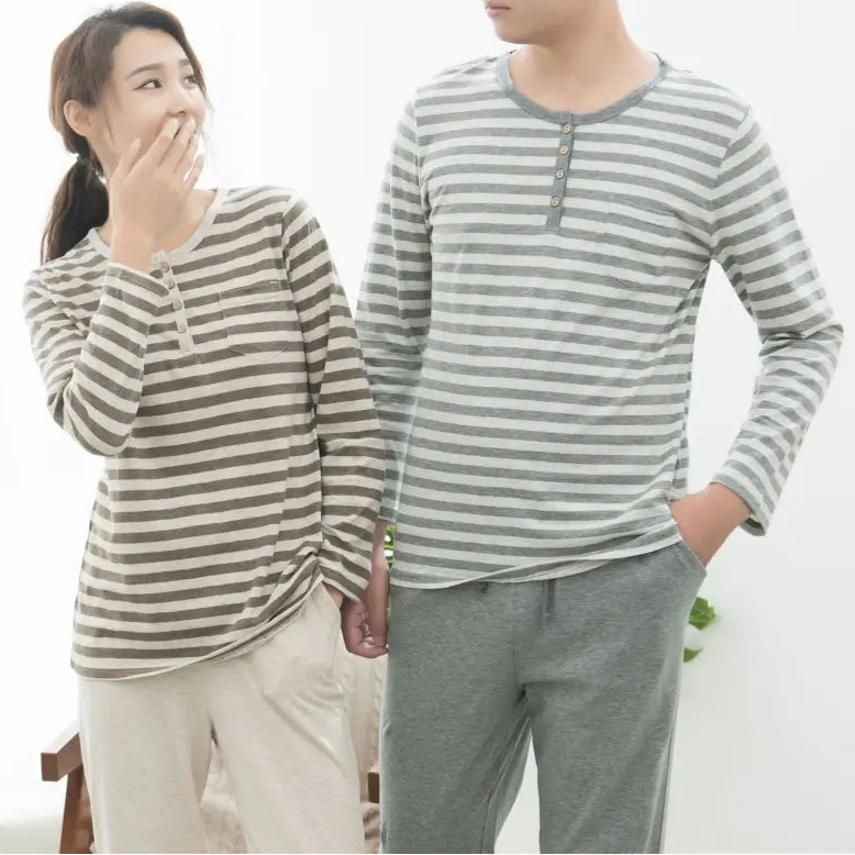 コットン ニット ストライプ パジャマ ホームウェア 長袖 長パンツ セット カップル用 ID4082
