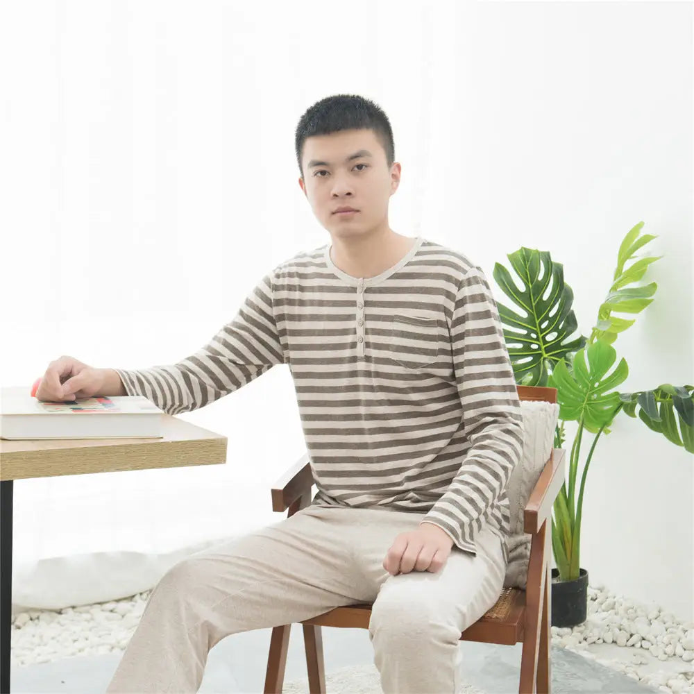 コットン ニット ストライプ パジャマ ホームウェア 長袖 長パンツ セット カップル用 ID4082 男性用 ブラウン / L