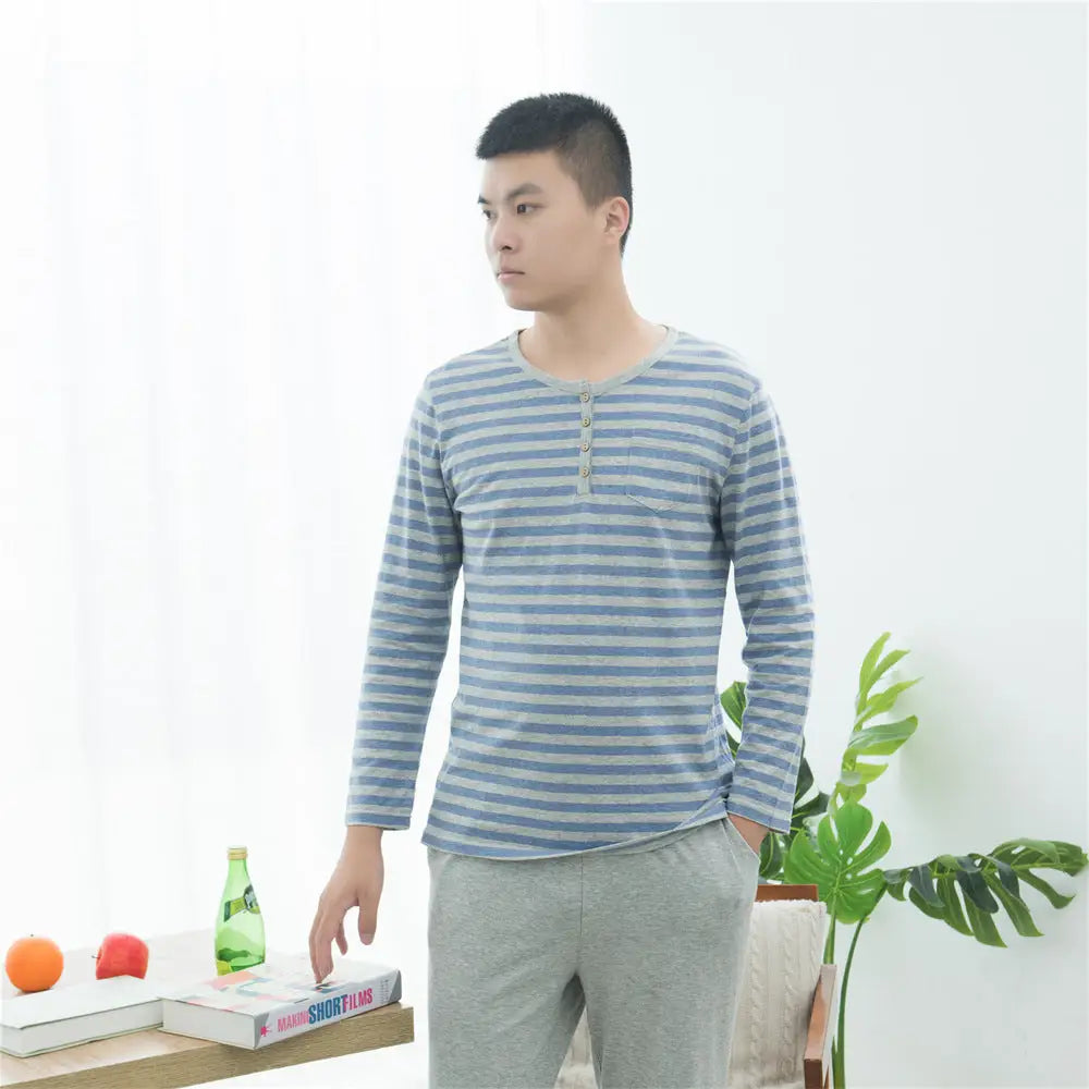 コットン ニット ストライプ パジャマ ホームウェア 長袖 長パンツ セット カップル用 ID4082 男性用 ブルー / M