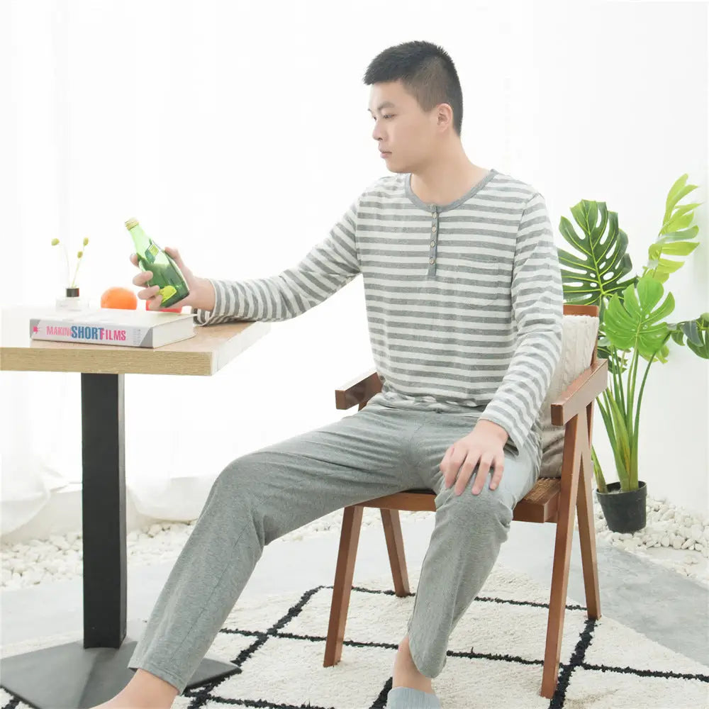 コットン ニット ストライプ パジャマ ホームウェア 長袖 長パンツ セット カップル用 ID4082 男性用 グレー / L