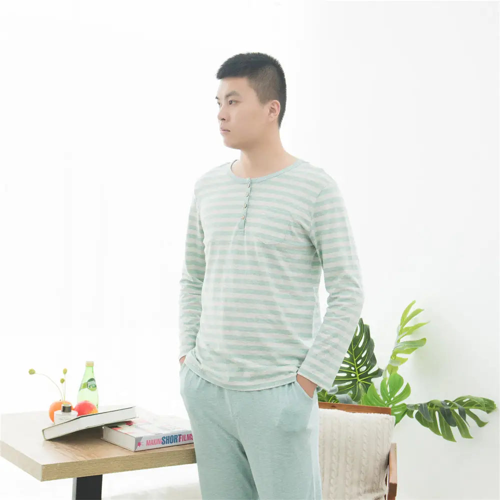 コットン ニット ストライプ パジャマ ホームウェア 長袖 長パンツ セット カップル用 ID4082 男性用 グリーン / L