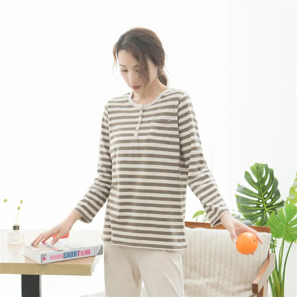 コットン ニット ストライプ パジャマ ホームウェア 長袖 長パンツ セット カップル用 ID4082 女性用 ブラウン / M