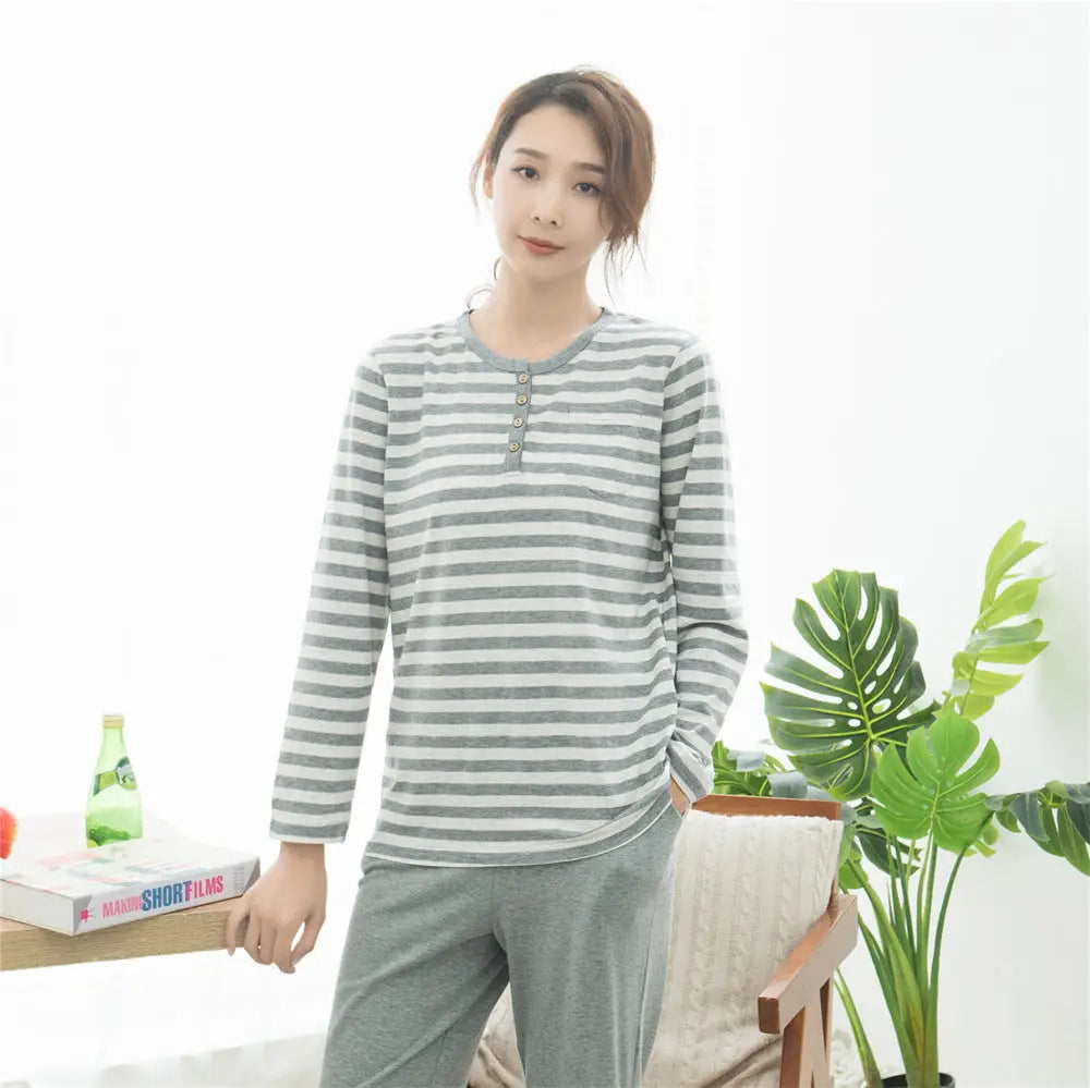 コットン ニット ストライプ パジャマ ホームウェア 長袖 長パンツ セット カップル用 ID4082 女性用 グレー / M
