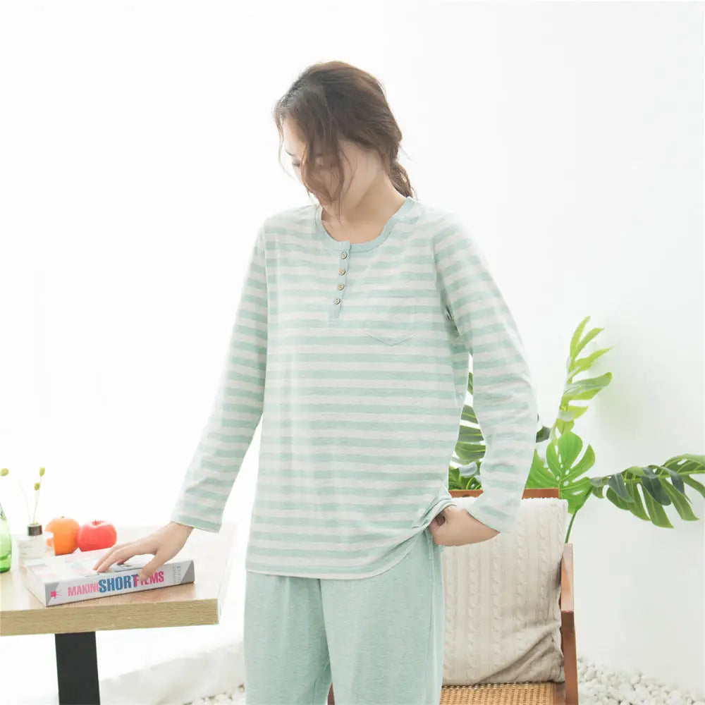 コットン ニット ストライプ パジャマ ホームウェア 長袖 長パンツ セット カップル用 ID4082 女性用 グリーン / M