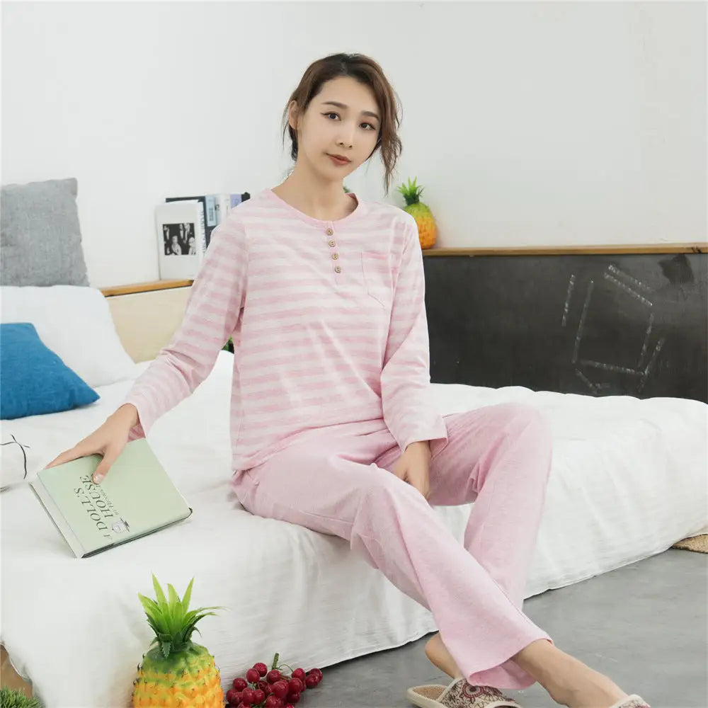 コットン ニット ストライプ パジャマ ホームウェア 長袖 長パンツ セット カップル用 ID4082 女性用 ピンク / M