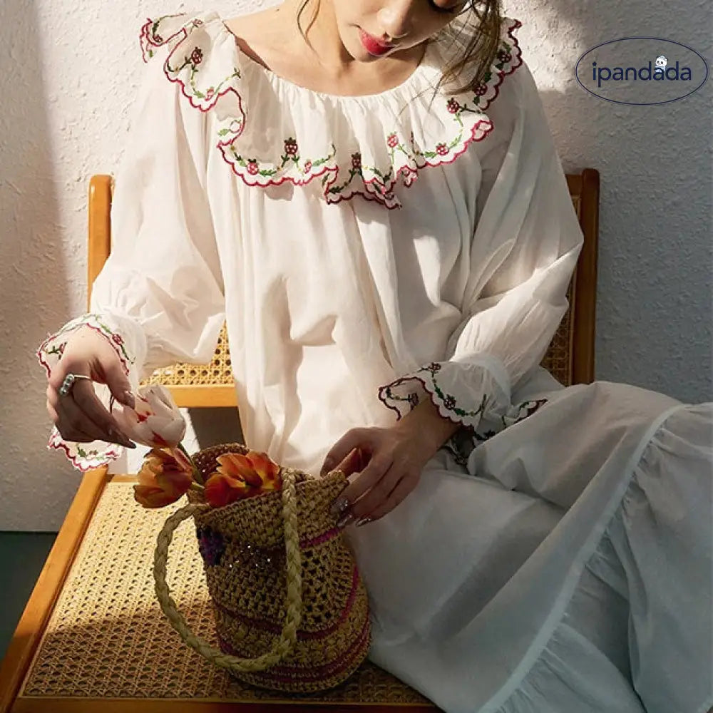 コットン レディース パジャマ ワンピース 刺繍 ストロベリー キュート ルームウェア カジュアル ID4776