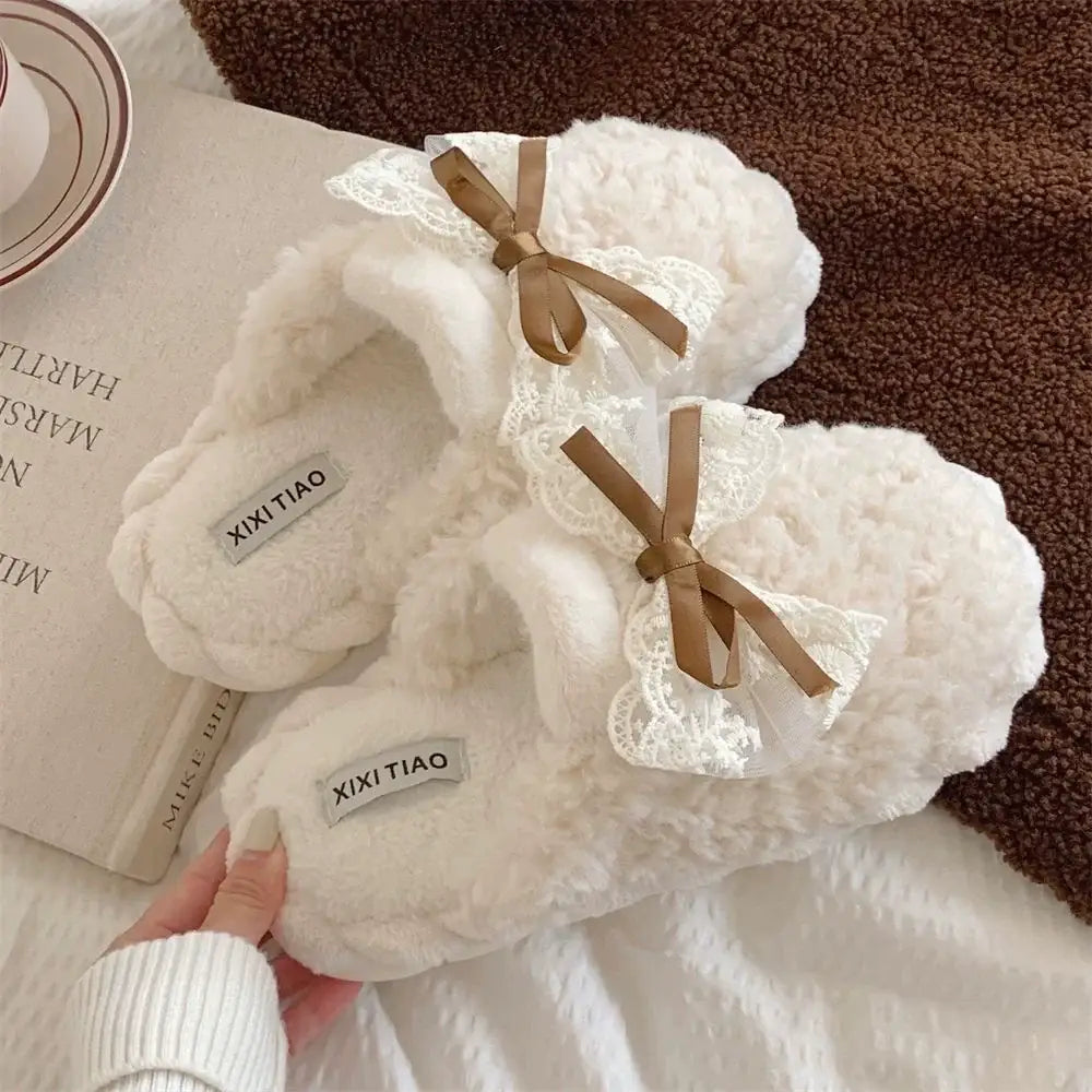 コットン スリッパ ファッション かわいい リボン 女性 冬用 学生 ルームシューズ 滑り止め ID2793 ホワイト / 22.5-23cm