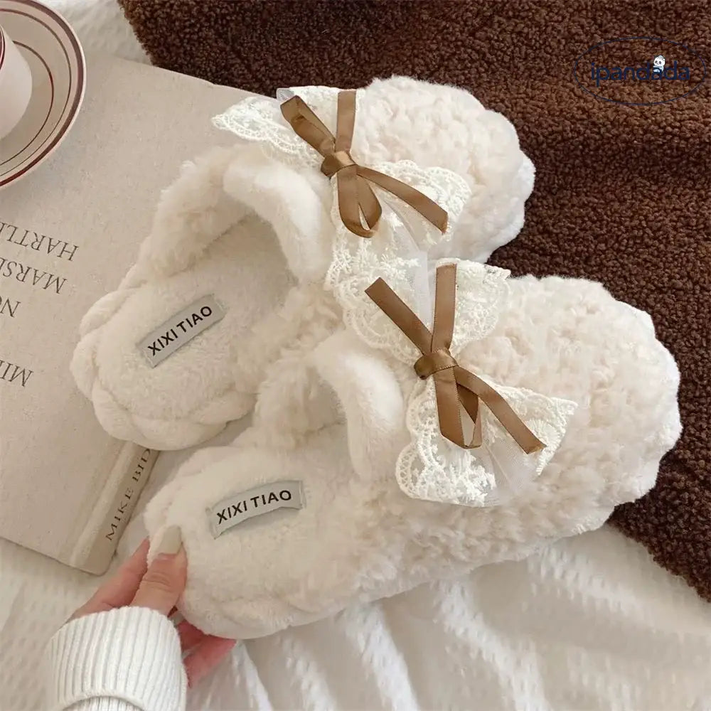 コットン スリッパ ファッション かわいい リボン 女性 冬用 学生 ルームシューズ 滑り止め ID2793