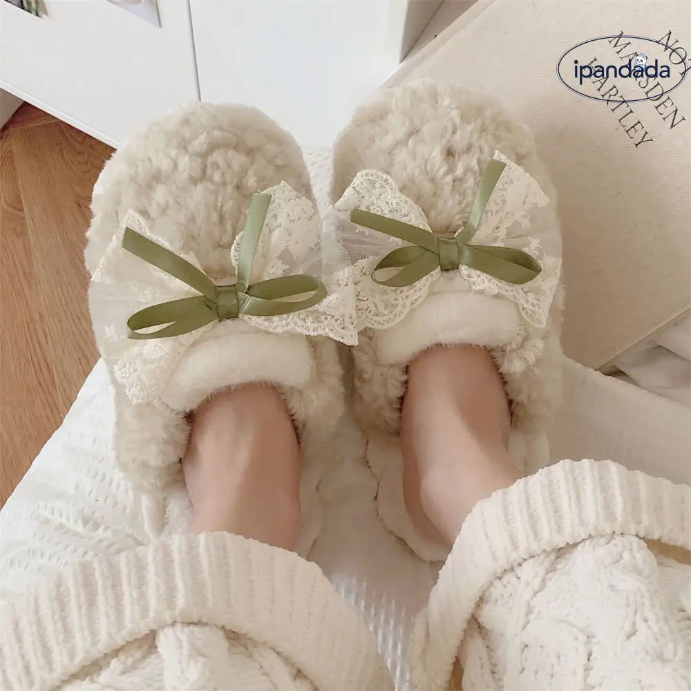 コットン スリッパ ファッション かわいい リボン 女性 冬用 学生 ルームシューズ 滑り止め ID2793