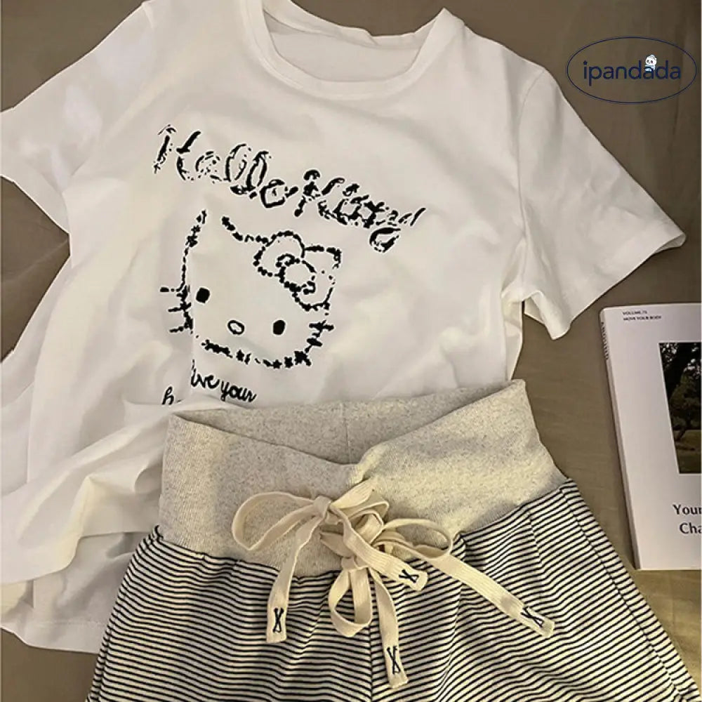 ID566 ハローキティ カートゥーン Tシャツ パジャマセット レディース 夏 ゆったり カジュアル 半袖 ストライプ ショートパンツ ルームウェア 外出可 レディース＞セットアップ