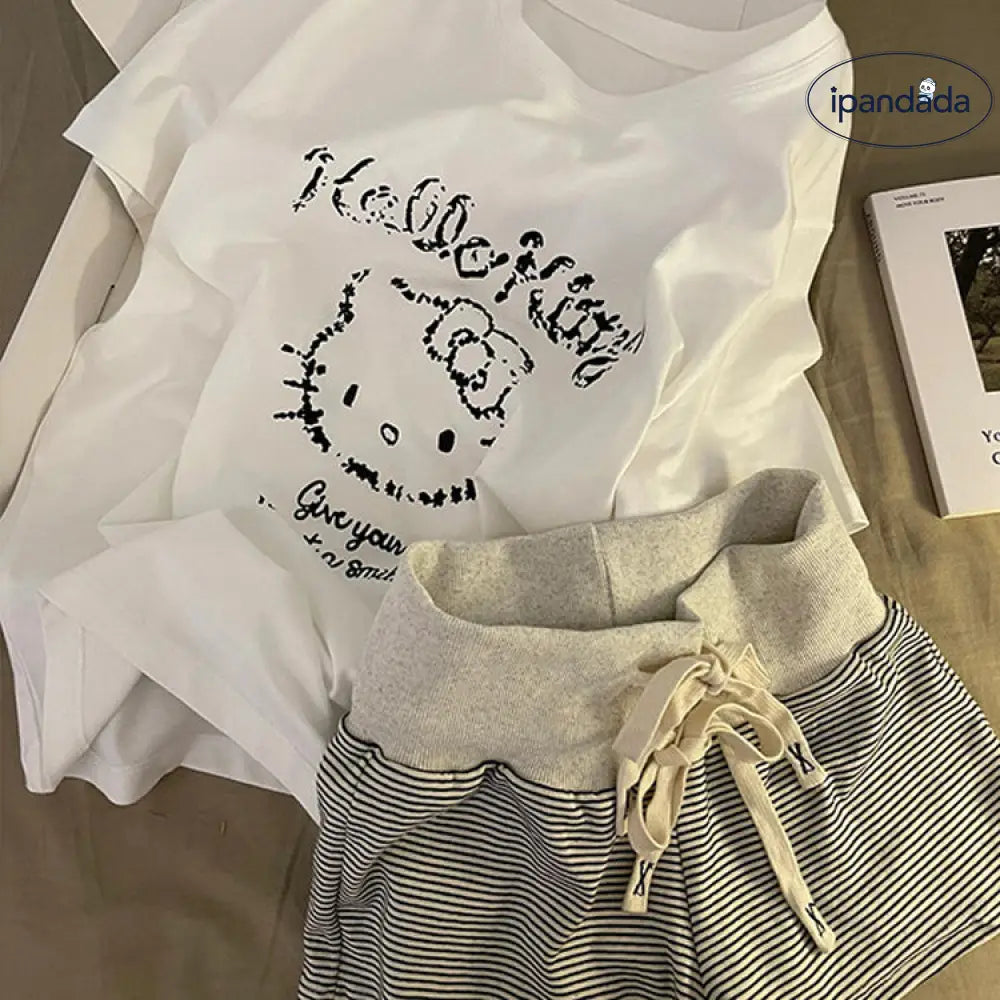 ID566 ハローキティ カートゥーン Tシャツ パジャマセット レディース 夏 ゆったり カジュアル 半袖 ストライプ ショートパンツ ルームウェア 外出可 レディース＞セットアップ