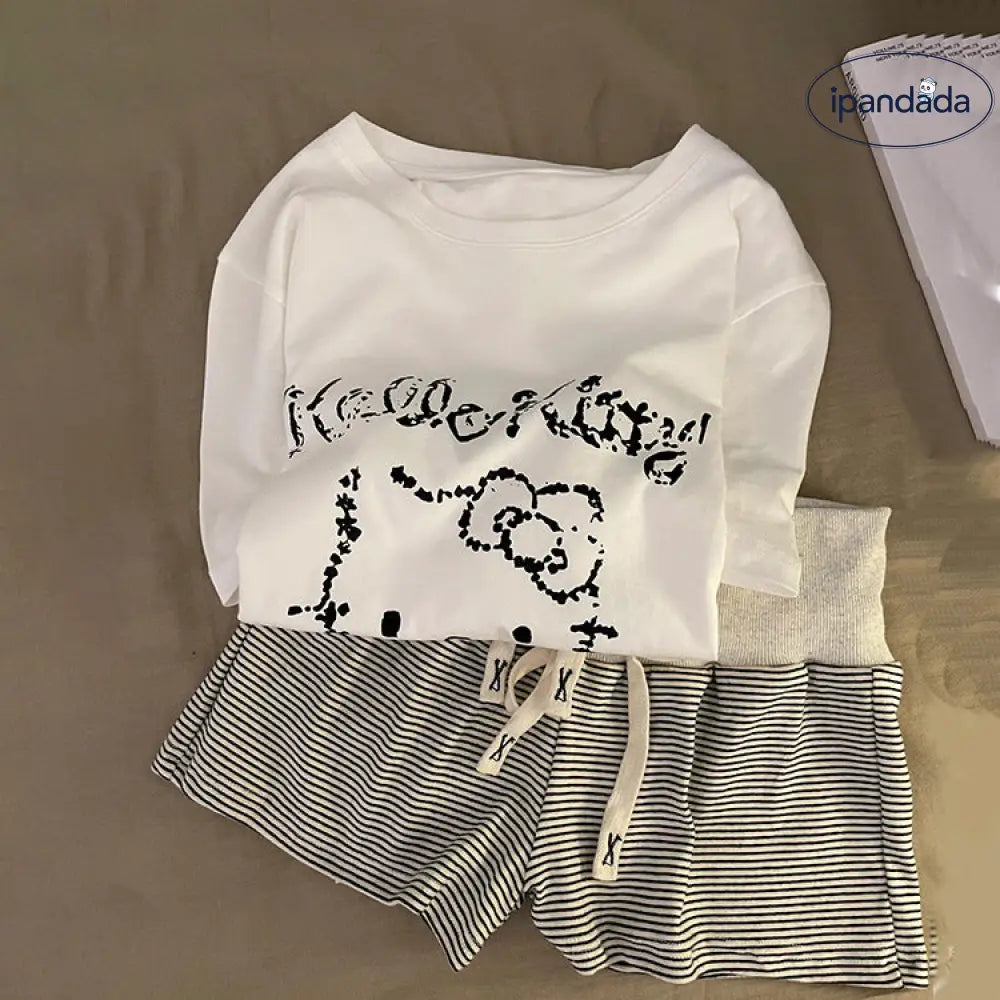 ID566 ハローキティ カートゥーン Tシャツ パジャマセット レディース 夏 ゆったり カジュアル 半袖 ストライプ ショートパンツ ルームウェア 外出可 レディース＞セットアップ