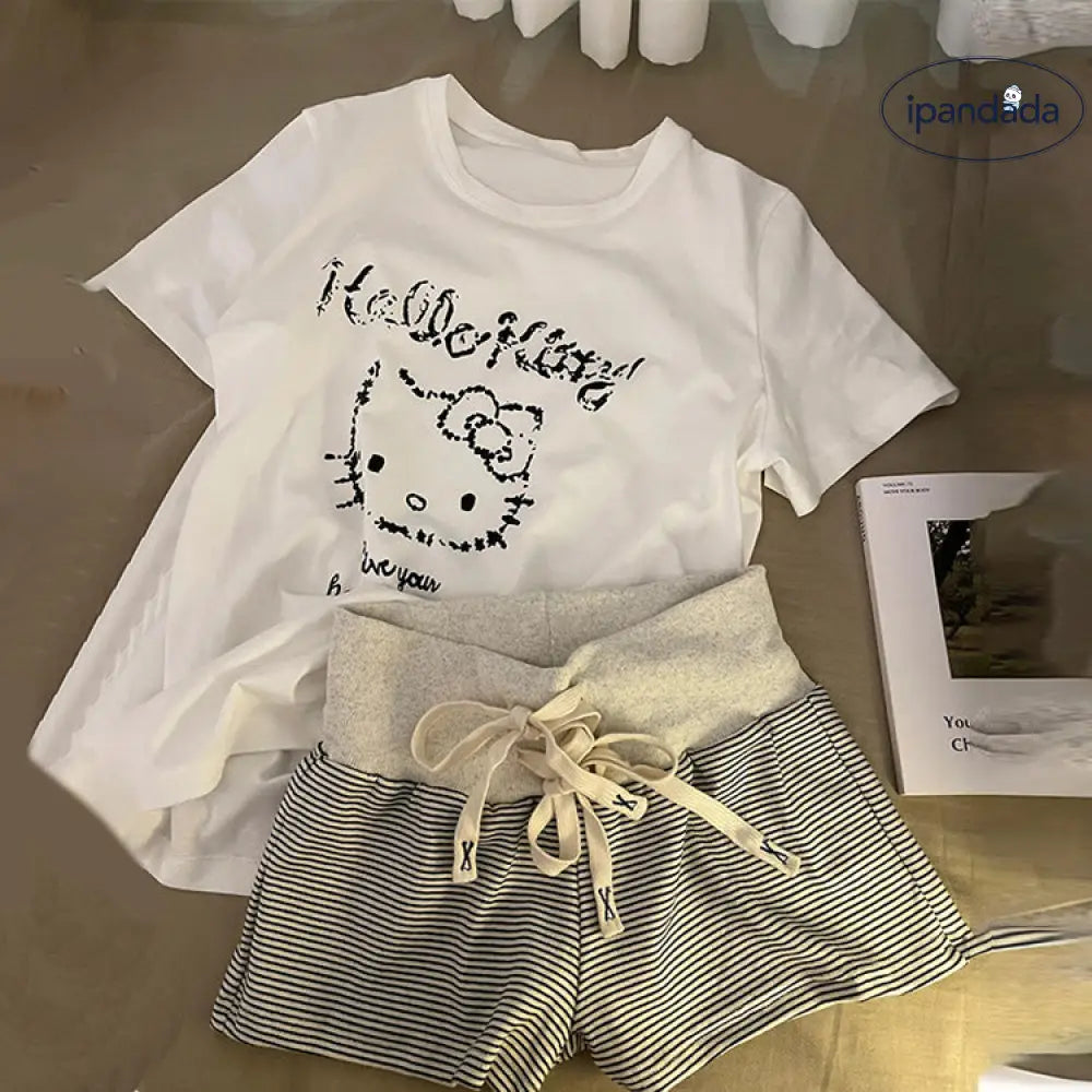 ID566 ハローキティ カートゥーン Tシャツ パジャマセット レディース 夏 ゆったり カジュアル 半袖 ストライプ ショートパンツ ルームウェア 外出可 写真通り / S レディース＞セットアップ