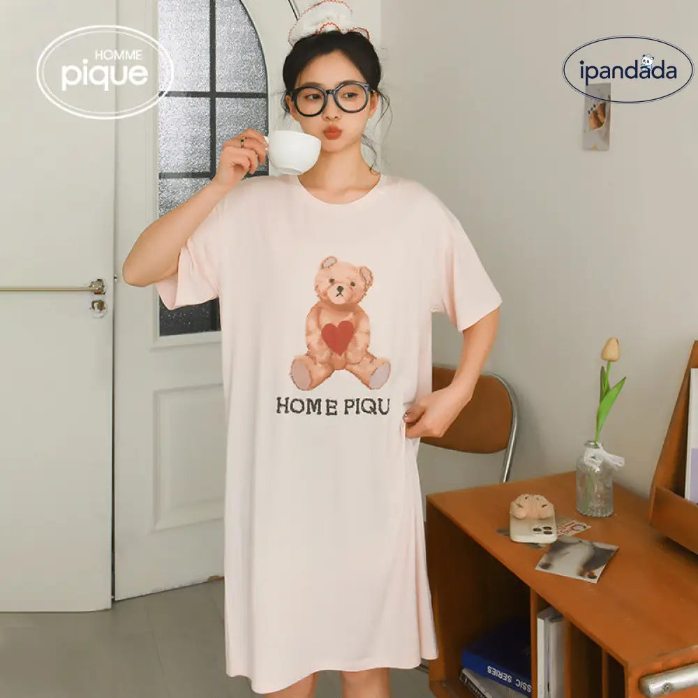 ID808 くま柄 ハート ワンピース ルームウェア レディース 部屋着 おしゃれ 可愛い 涼しい 冷感 夏用 グッズ アニマル 動物 柄 ゆったり 女性 婦人 パジャマ ルームワンピース ピンク / フリー レディース＞ワンピース