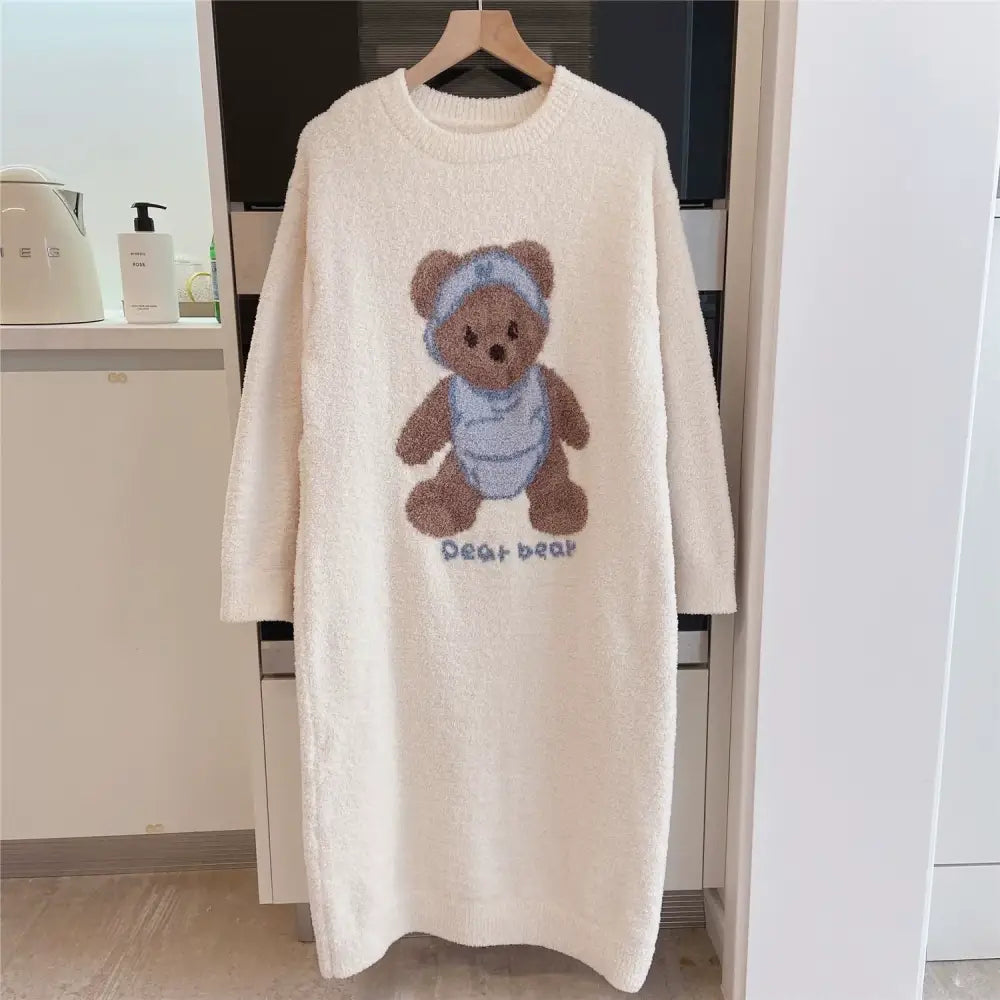 くま柄 配色ワンピース パジャマ ルームウェア おしゃれ 暖かい もこもこ 可愛い 長袖 プレゼント ギフト アイボリー / M レディース＞ワンピース
