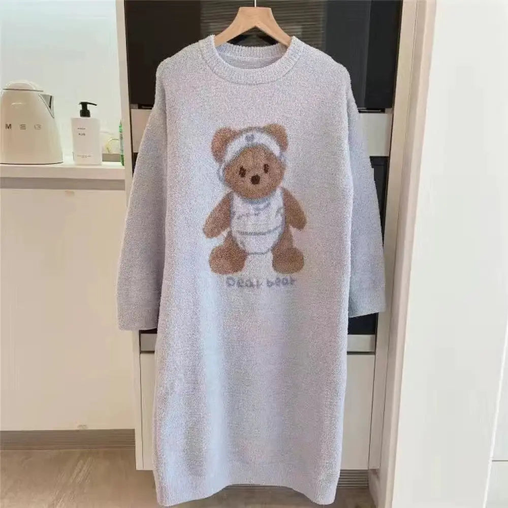くま柄 配色ワンピース パジャマ ルームウェア おしゃれ 暖かい もこもこ 可愛い 長袖 プレゼント ギフト ブルー / M レディース＞ワンピース