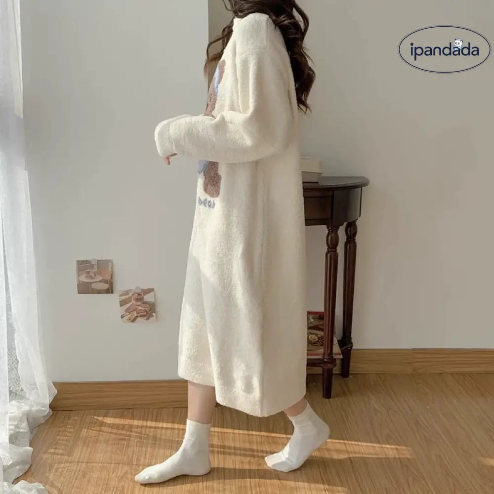 くま柄 配色ワンピース パジャマ ルームウェア おしゃれ 暖かい もこもこ 可愛い 長袖 プレゼント ギフト レディース＞ワンピース