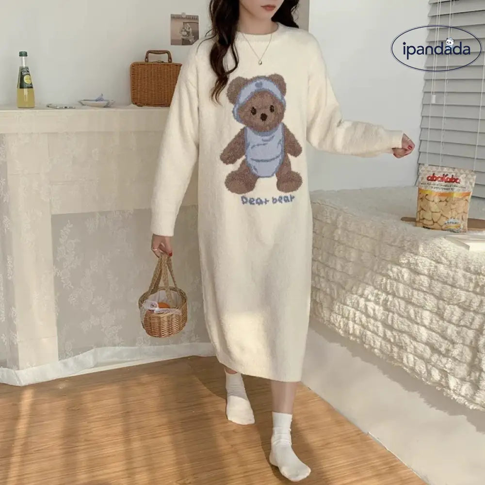 くま柄 配色ワンピース パジャマ ルームウェア おしゃれ 暖かい もこもこ 可愛い 長袖 プレゼント ギフト レディース＞ワンピース