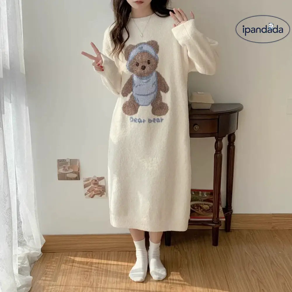 くま柄 配色ワンピース パジャマ ルームウェア おしゃれ 暖かい もこもこ 可愛い 長袖 プレゼント ギフト レディース＞ワンピース