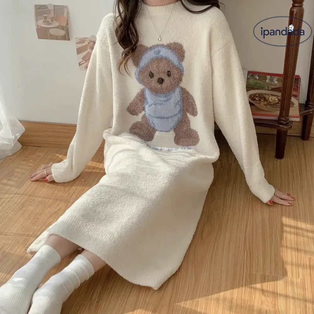 くま柄 配色ワンピース パジャマ ルームウェア おしゃれ 暖かい もこもこ 可愛い 長袖 プレゼント ギフト レディース＞ワンピース