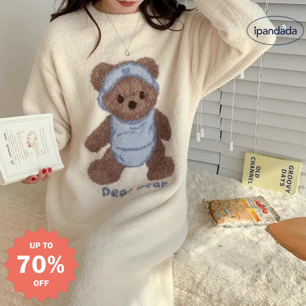 くま柄 配色ワンピース パジャマ ルームウェア おしゃれ 暖かい もこもこ 可愛い 長袖 プレゼント ギフト レディース＞ワンピース