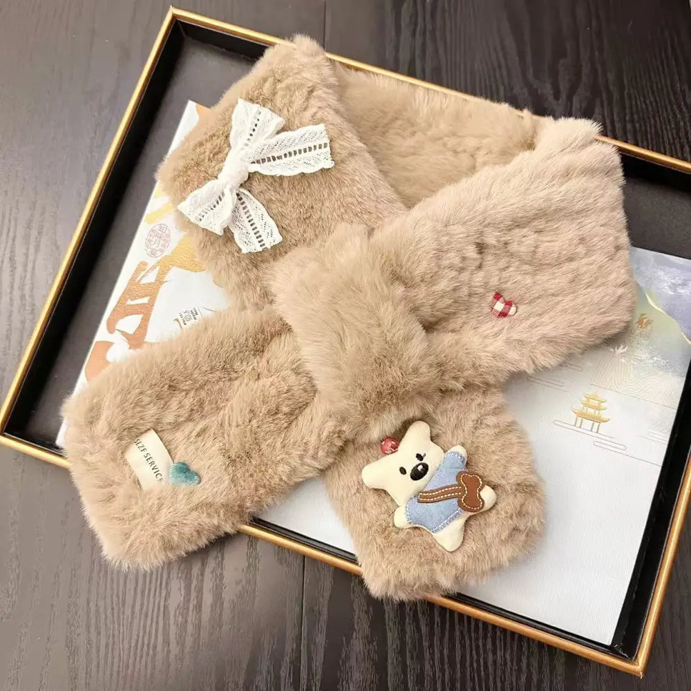 くま ぬいぐるみ スカーフ レディース 可愛い 秋冬 防寒 リボン付き ネックウォーマー 保温 便利 クロス ファー スカーフ ID3439 キャメル / 92cm