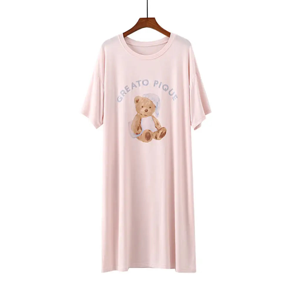 ID655 くま ワンピース パジャマ 部屋着 かわいい 可愛い おしゃれ ルームウェア シンプル 透けない ゆったり 夏 入院 産前 産後 伸縮性 ピンク / フリー レディース＞ワンピース
