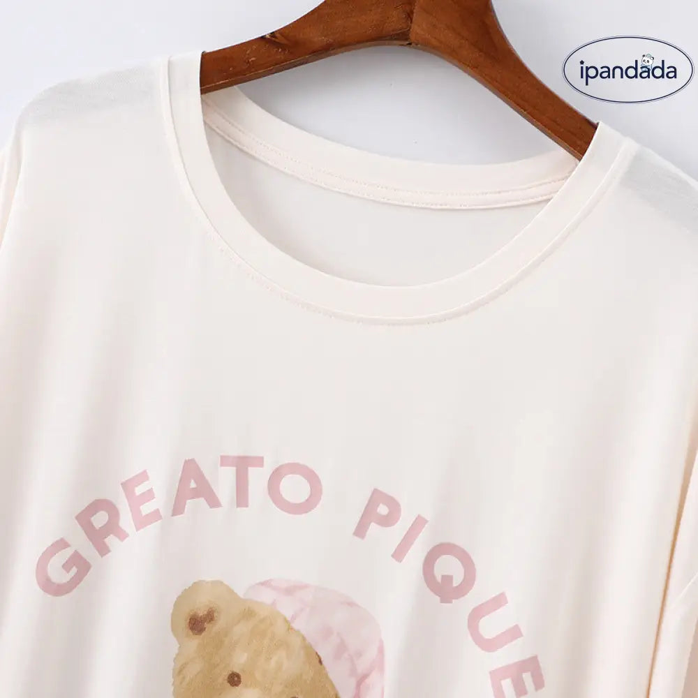 ID655 くま ワンピース パジャマ 部屋着 かわいい 可愛い おしゃれ ルームウェア シンプル 透けない ゆったり 夏 入院 産前 産後 伸縮性 レディース＞ワンピース