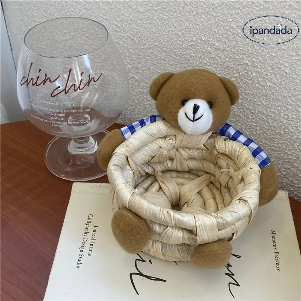 ID1320 クマ型 手編みバスケット 机の上収納 オフィス・学生向け 小物入れ 口紅整理 自然素材 おしゃれインテリア