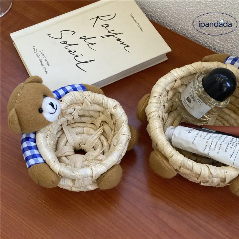 ID1320 クマ型 手編みバスケット 机の上収納 オフィス・学生向け 小物入れ 口紅整理 自然素材 おしゃれインテリア