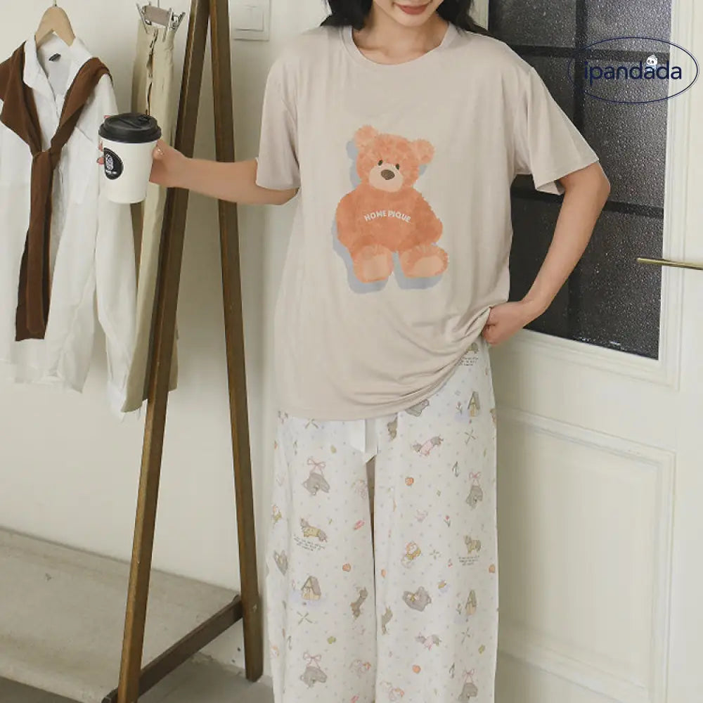 ID523 くま 熊柄 パジャマ 夏用 レディース モダール 半袖 夏 母の日 ギフト コットン 入院 可愛い レディース 大人用 レディース 大きいサイズ ルームサプリ 写真通り / フリー レディース＞セットアップ