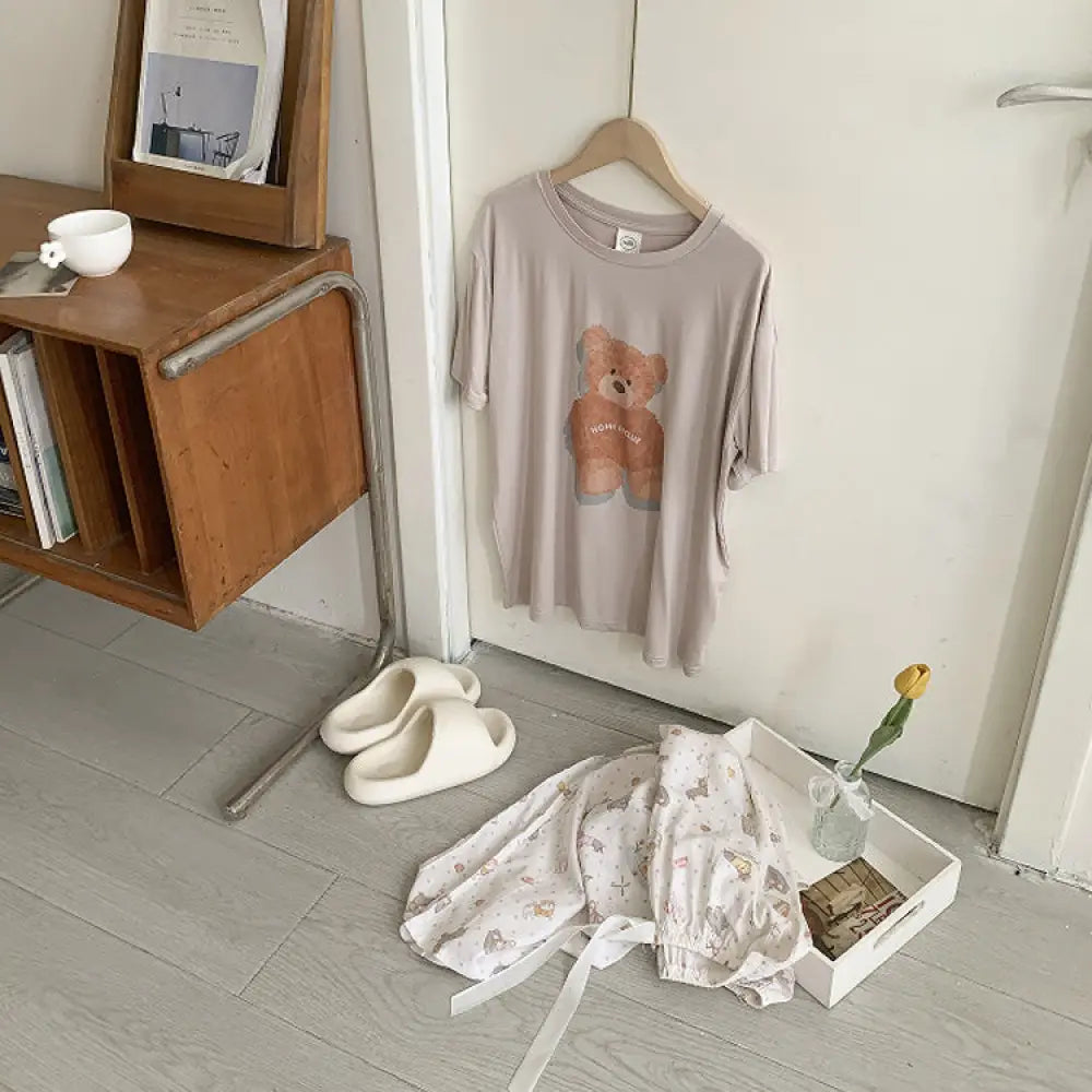 ID523 くま 熊柄 パジャマ 夏用 レディース モダール 半袖 夏 母の日 ギフト コットン 入院 可愛い レディース 大人用 レディース 大きいサイズ ルームサプリ 写真通り / フリー レディース＞セットアップ