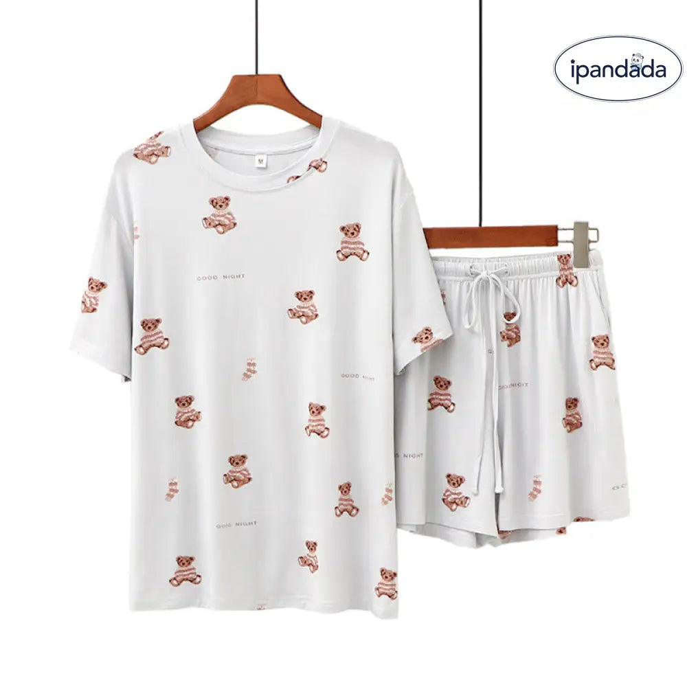 ID1372 くまのタオル地 パジャマセット 半袖Tシャツ＆ショートパンツ モダール素材 プリント柄 丸首 快適 ルームウェア グレー / フリー レディース＞セットアップ