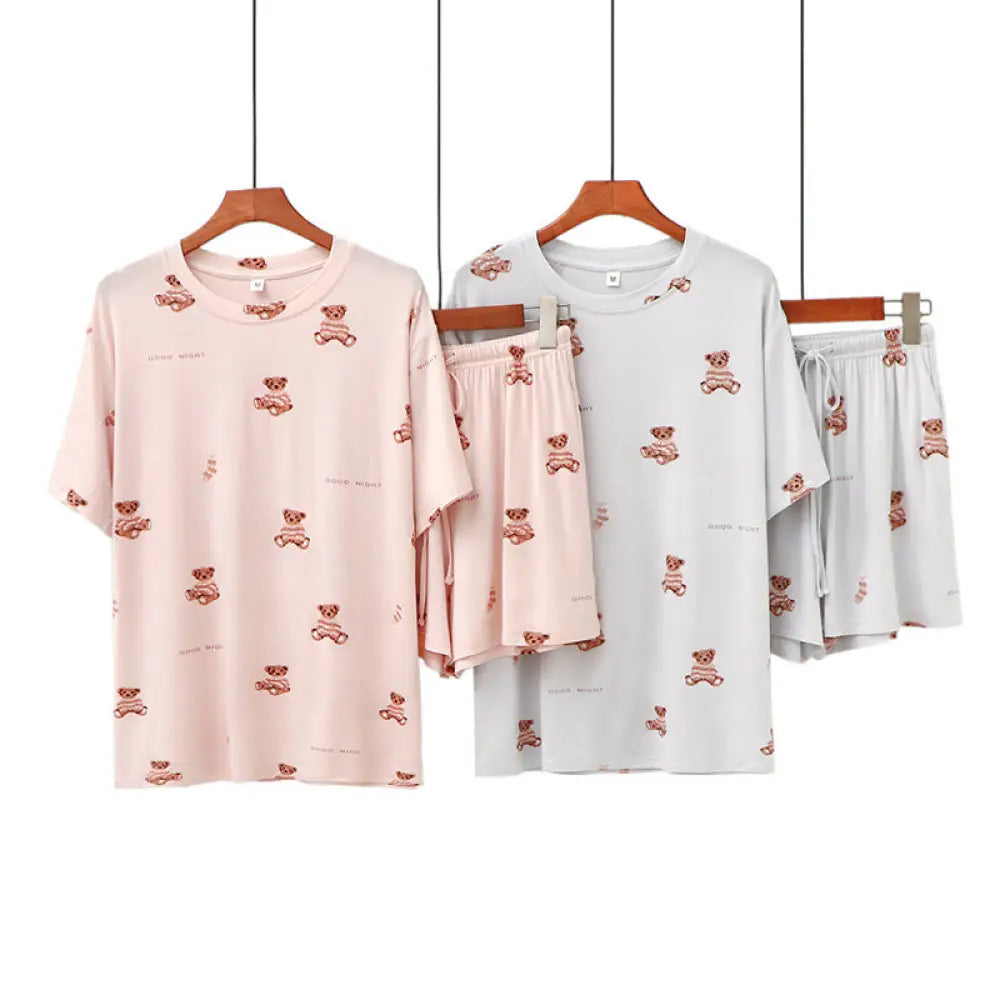 ID1372 くまのタオル地 パジャマセット 半袖Tシャツ＆ショートパンツ モダール素材 プリント柄 丸首 快適 ルームウェア