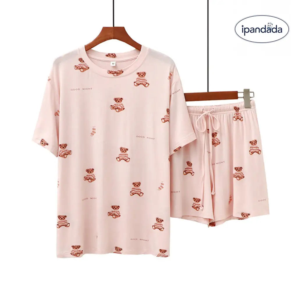 ID1372 くまのタオル地 パジャマセット 半袖Tシャツ＆ショートパンツ モダール素材 プリント柄 丸首 快適 ルームウェア