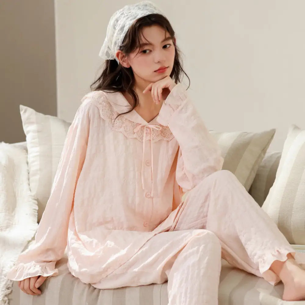 クラウドコットン ジャガード パジャマ レディース 長袖 カーディガン ロングパンツ 秋新作 単色 かわいい プリンセス風 ルームウェア セットアップ ID2458 タイプ⑧ / M ベビー＆キッズ