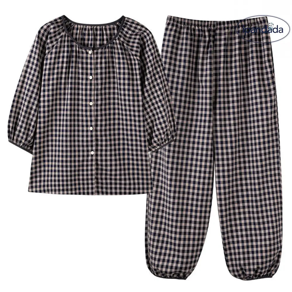 ID1689 クラウドコットン パジャマセット カーディガン＆7分パンツ 格子柄 丸首 薄手 通気性抜群 上品な家居着 女性用