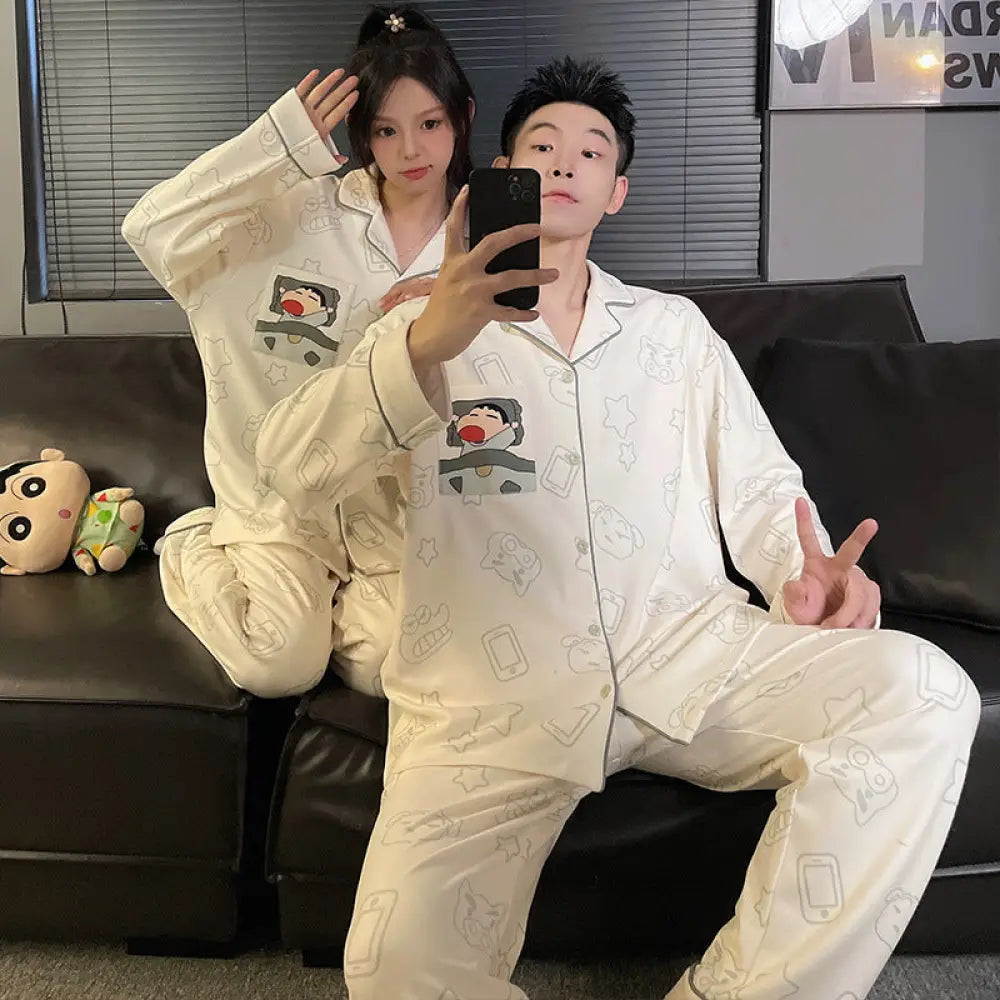 クレヨンしんちゃん カップル カーディガン パジャマ 秋冬 長袖 お揃い あったか ルームウェア 部屋着 2点セット 人気キャラ ID4076 タイプ① / レディースＭ