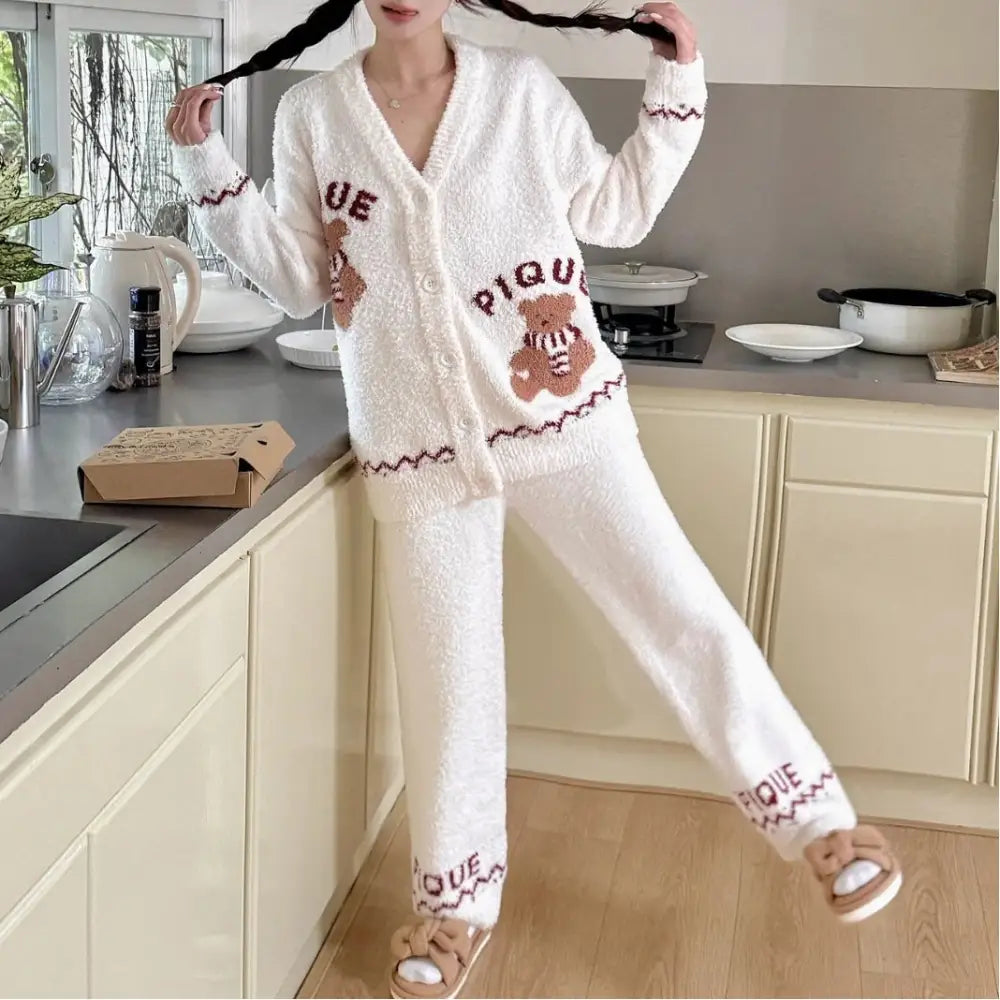 クリスマス ふわふわ カートゥーン クマ レディース 可愛い クマ ルームウェア パジャマ ID3636 ホワイト / フリー / カーディガン